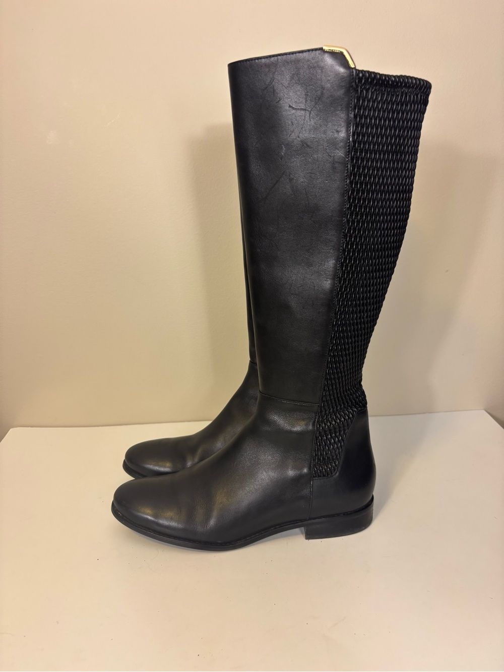 Cole Haan Black Leather Tall Riding Boots with Woven Back Size 9.5